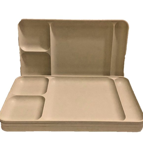 TUPPERWARE Five Divided Lunch Cafeteria Trays Four Compartments Each Almond - Picture 1 of 4